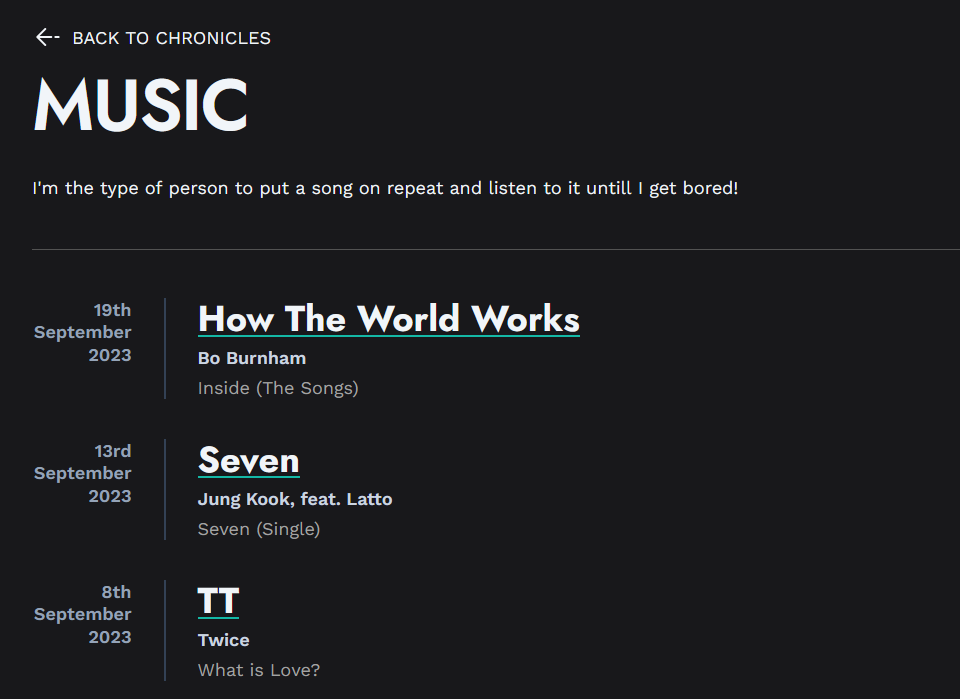 screenshot of the "Music" this websites chronicles page