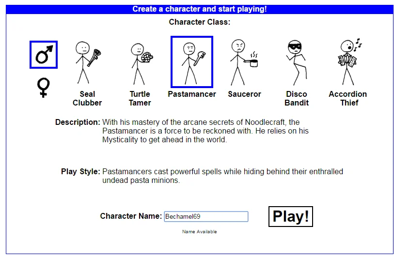 Kingdom of Loathing character creation screen